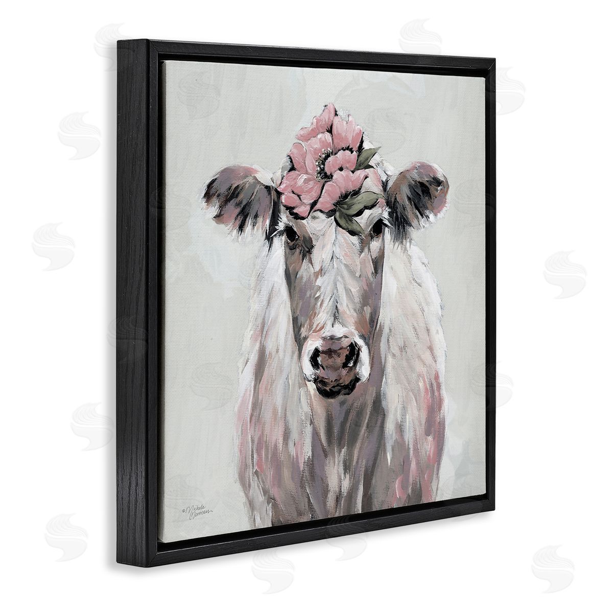 Michele Norman Cow Cattle Flower Blossom Botanical Painterly Illustration  Black Floating Frame Canvas Wall Art Print