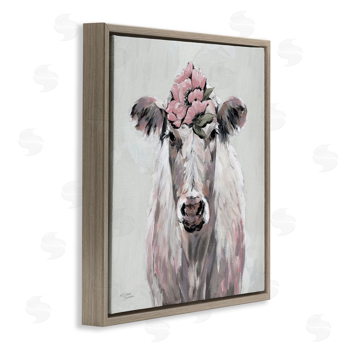 Michele Norman Cow Cattle Flower Blossom Botanical Painterly Illustration  Brown Floating Frame Canvas Wall Art Print