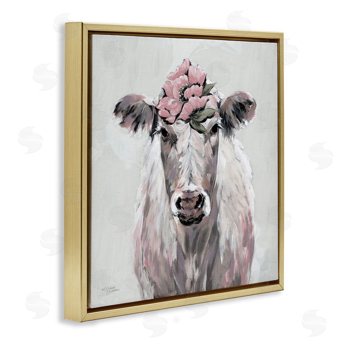 Michele Norman Cow Cattle Flower Blossom Botanical Painterly Illustration  Gold Floating Frame Canvas Wall Art Print