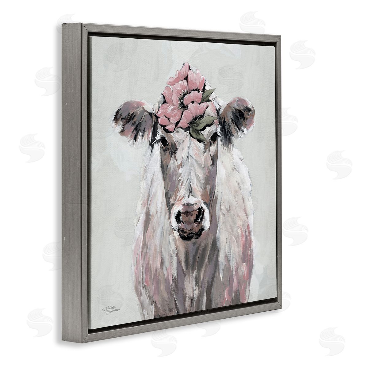 Michele Norman Cow Cattle Flower Blossom Botanical Painterly Illustration  Gray Floating Frame Canvas Wall Art Print