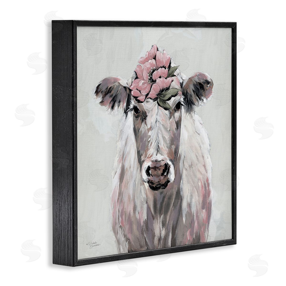 Michele Norman Cow Cattle Flower Blossom Botanical Painterly Illustration  Black Framed Glicee Wall Art Print