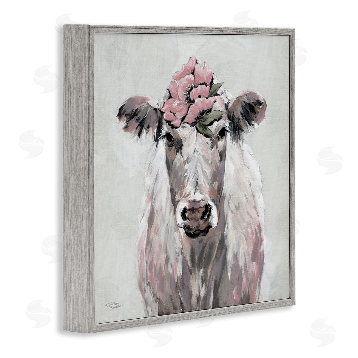 Michele Norman Cow Cattle Flower Blossom Botanical Painterly Illustration  Gray Framed Glicee Wall Art Print