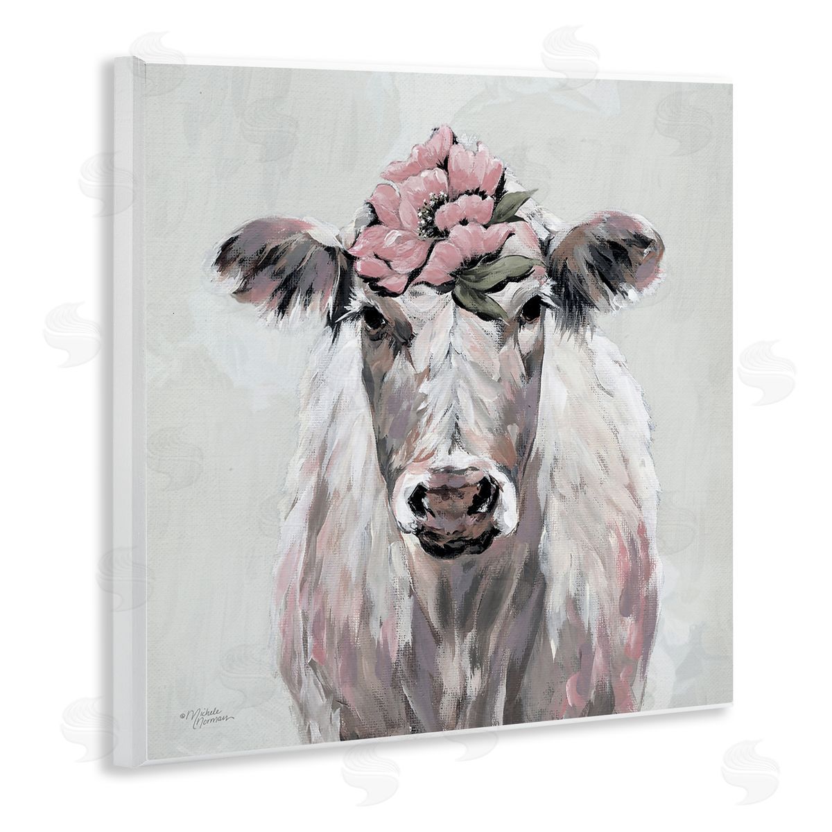Michele Norman Cow Cattle Flower Blossom Botanical Painterly Illustration  Wooden Wall Plaque Art Print