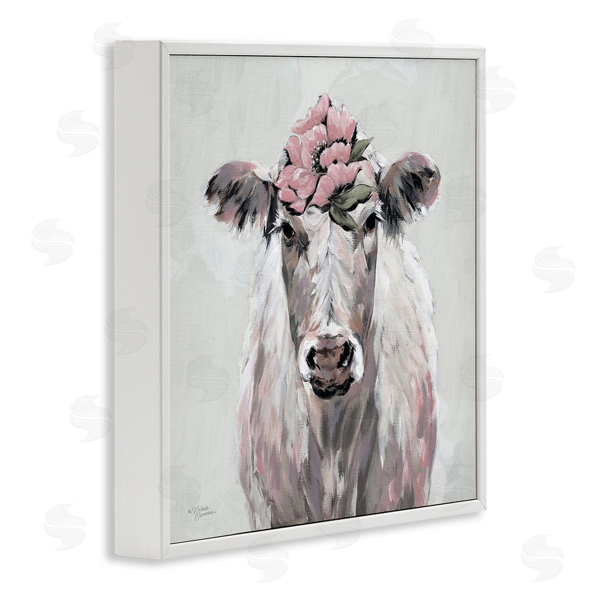 Michele Norman Cow Cattle Flower Blossom Botanical Painterly Illustration  White Framed Glicee Wall Art Print