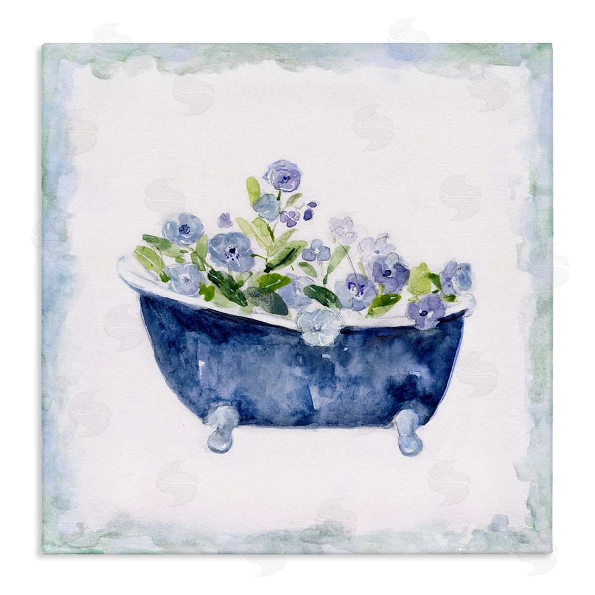 Charming Blue Bathtub Florals Canvas Wall Art, Home Decor by Sally Swatland