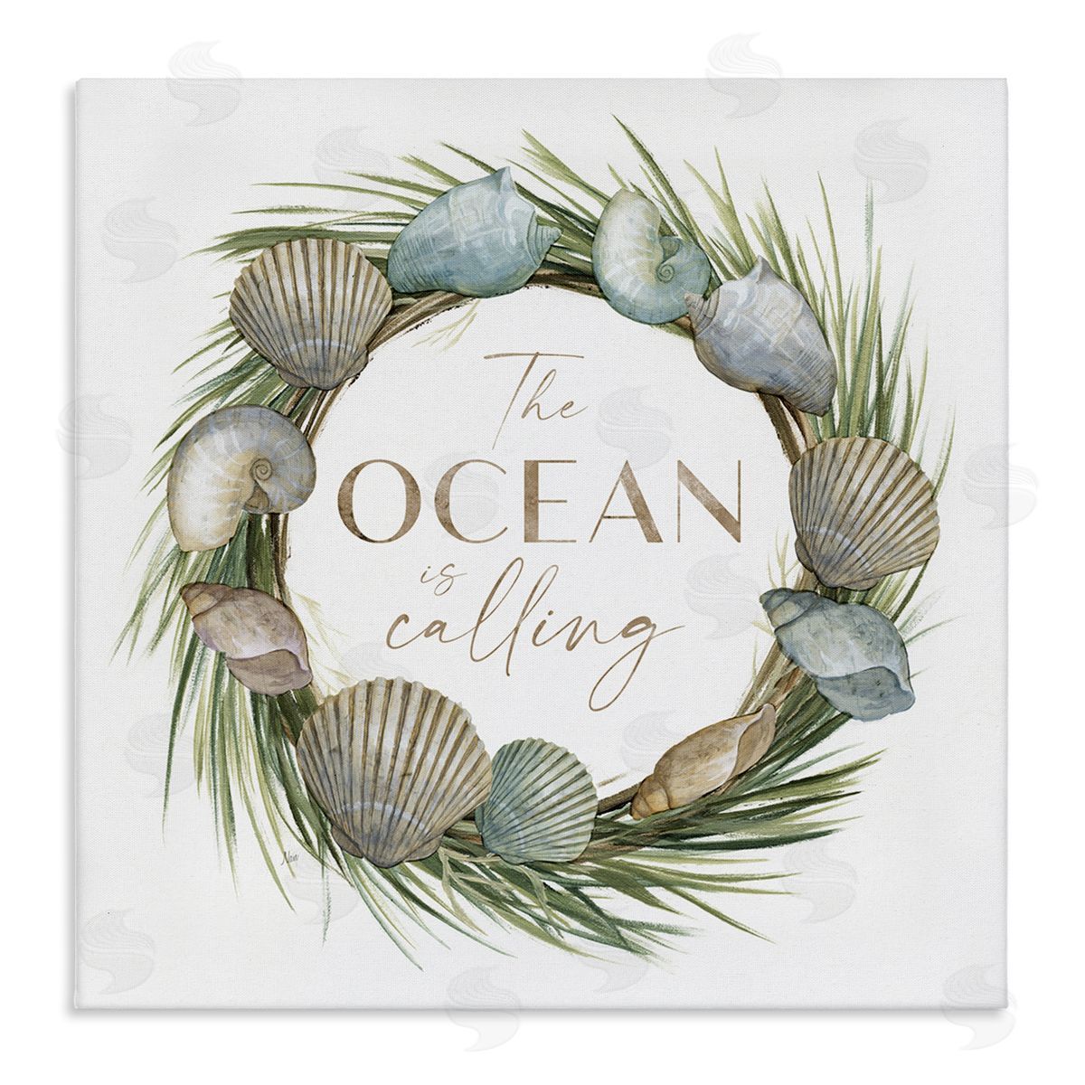 Nan Ocean Is Calling Quote Botanical Wreath Seashells Design Stretched Canvas Wall Art Print
