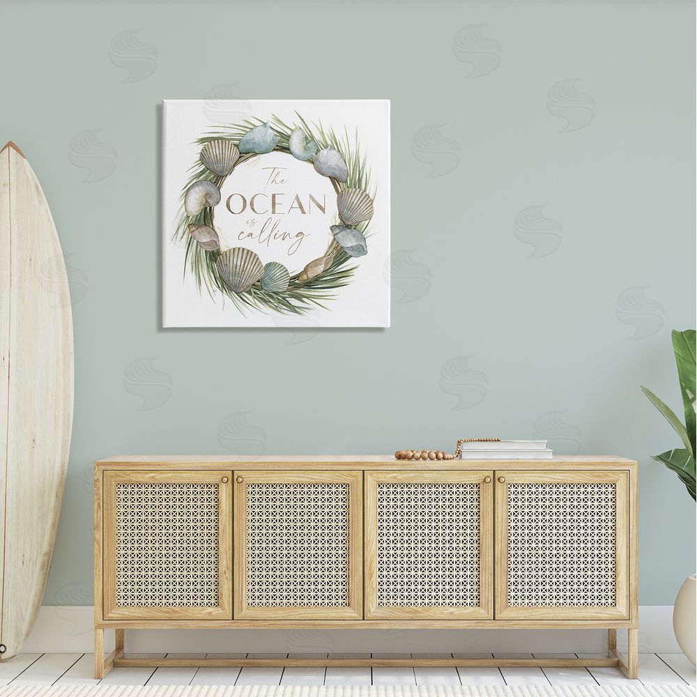 Nan Ocean Is Calling Quote Botanical Wreath Seashells Design Canvas Wall Art in Room