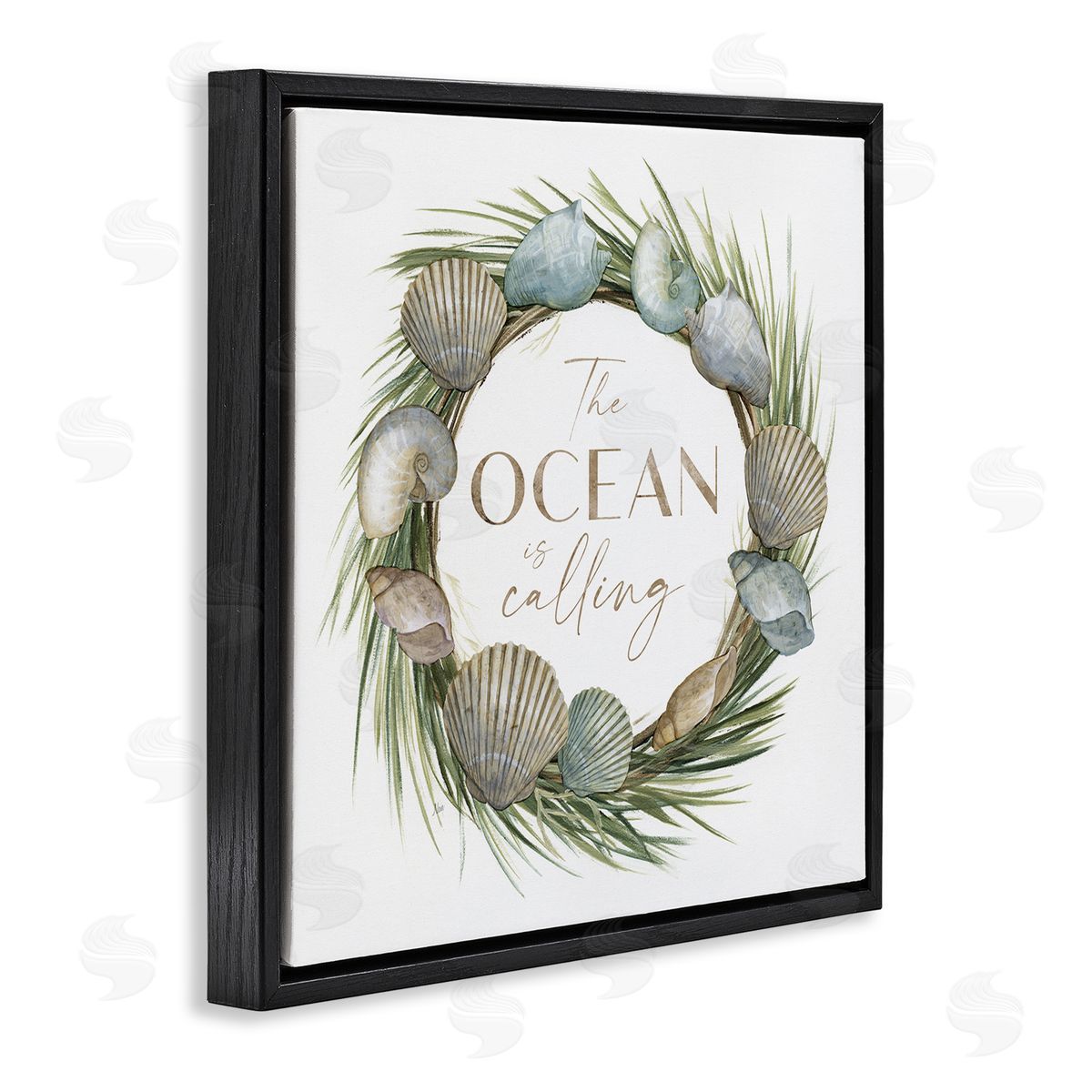 Nan Ocean Is Calling Quote Botanical Wreath Seashells Design Black Floating Frame Canvas Wall Art Print