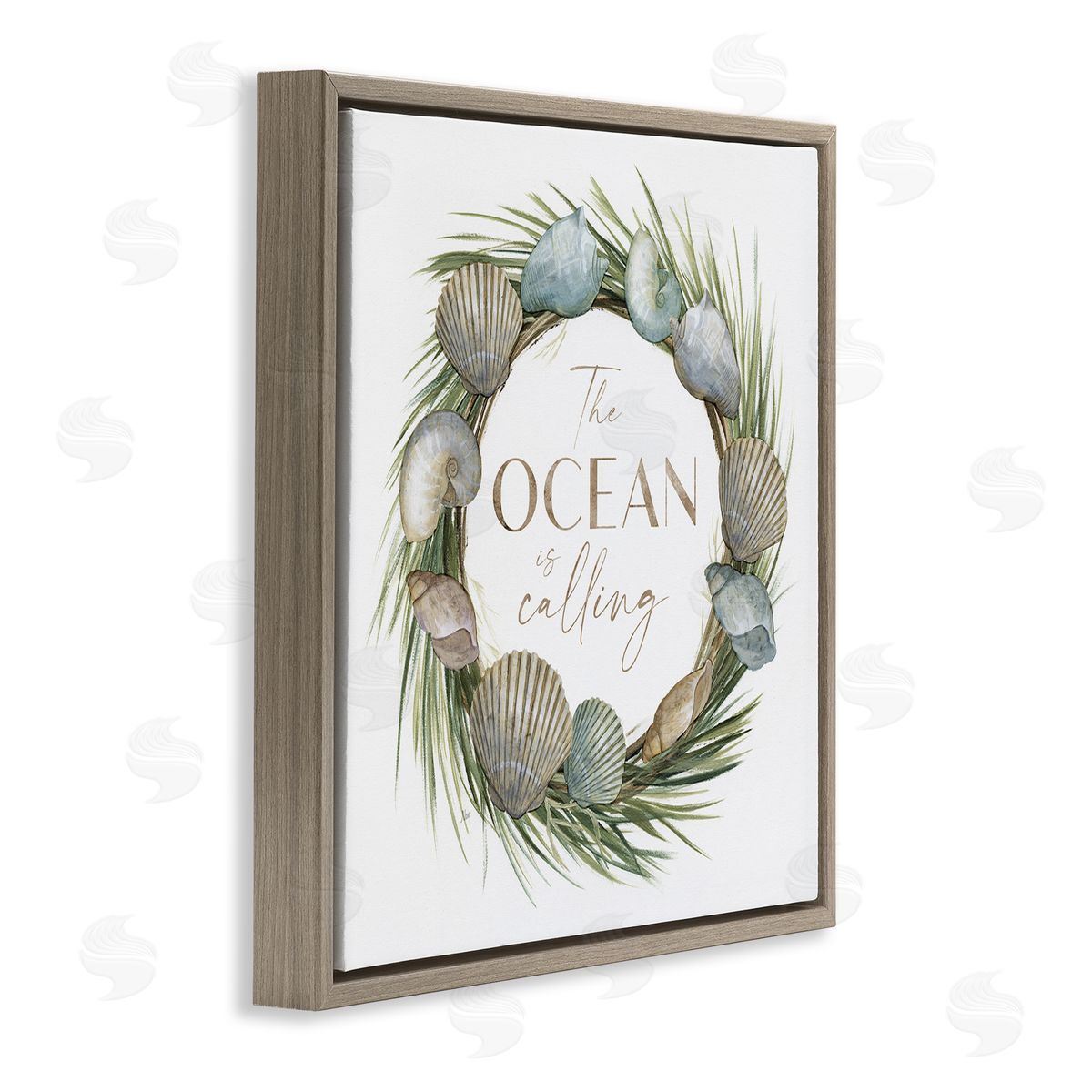 Nan Ocean Is Calling Quote Botanical Wreath Seashells Design Brown Floating Frame Canvas Wall Art Print
