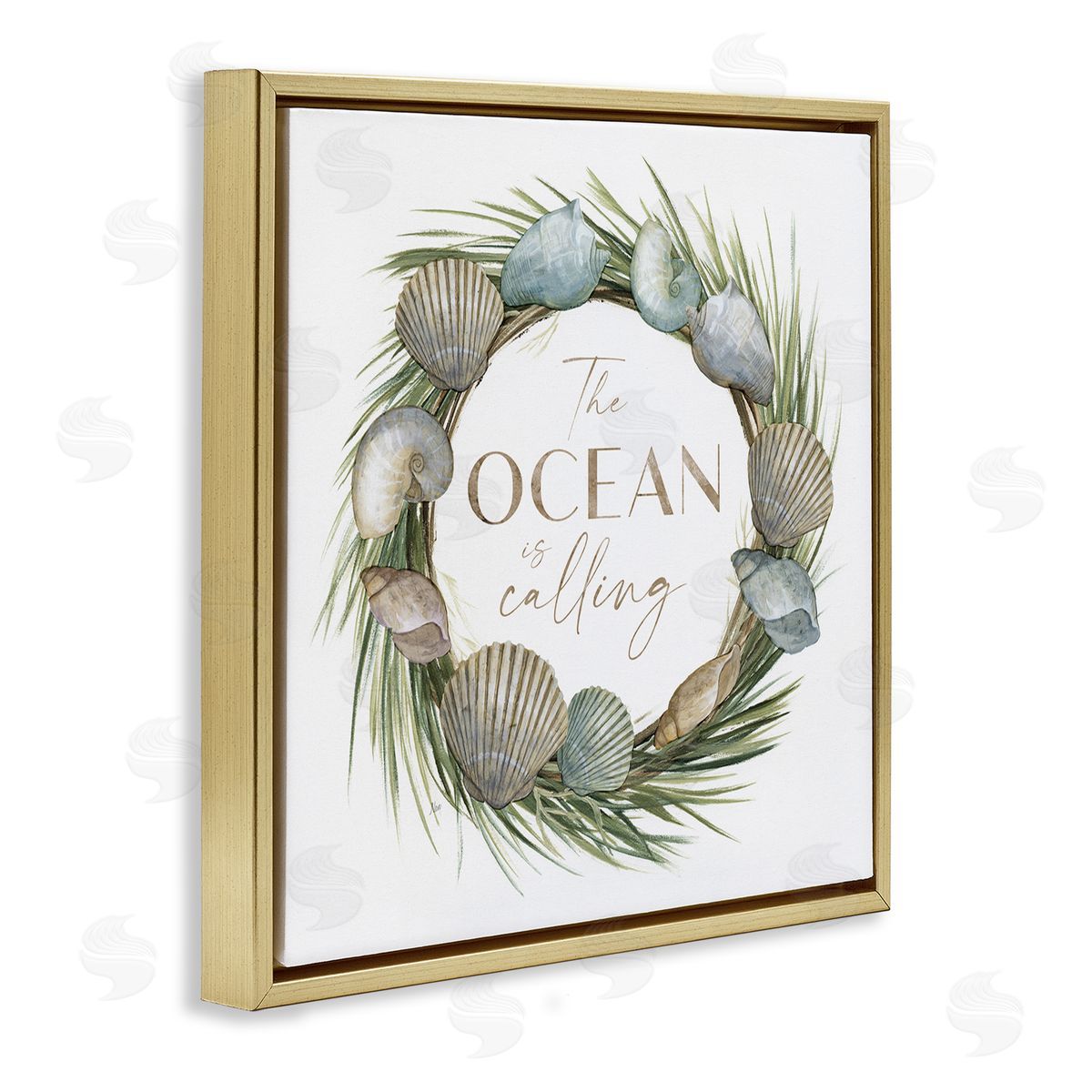 Nan Ocean Is Calling Quote Botanical Wreath Seashells Design Gold Floating Frame Canvas Wall Art Print