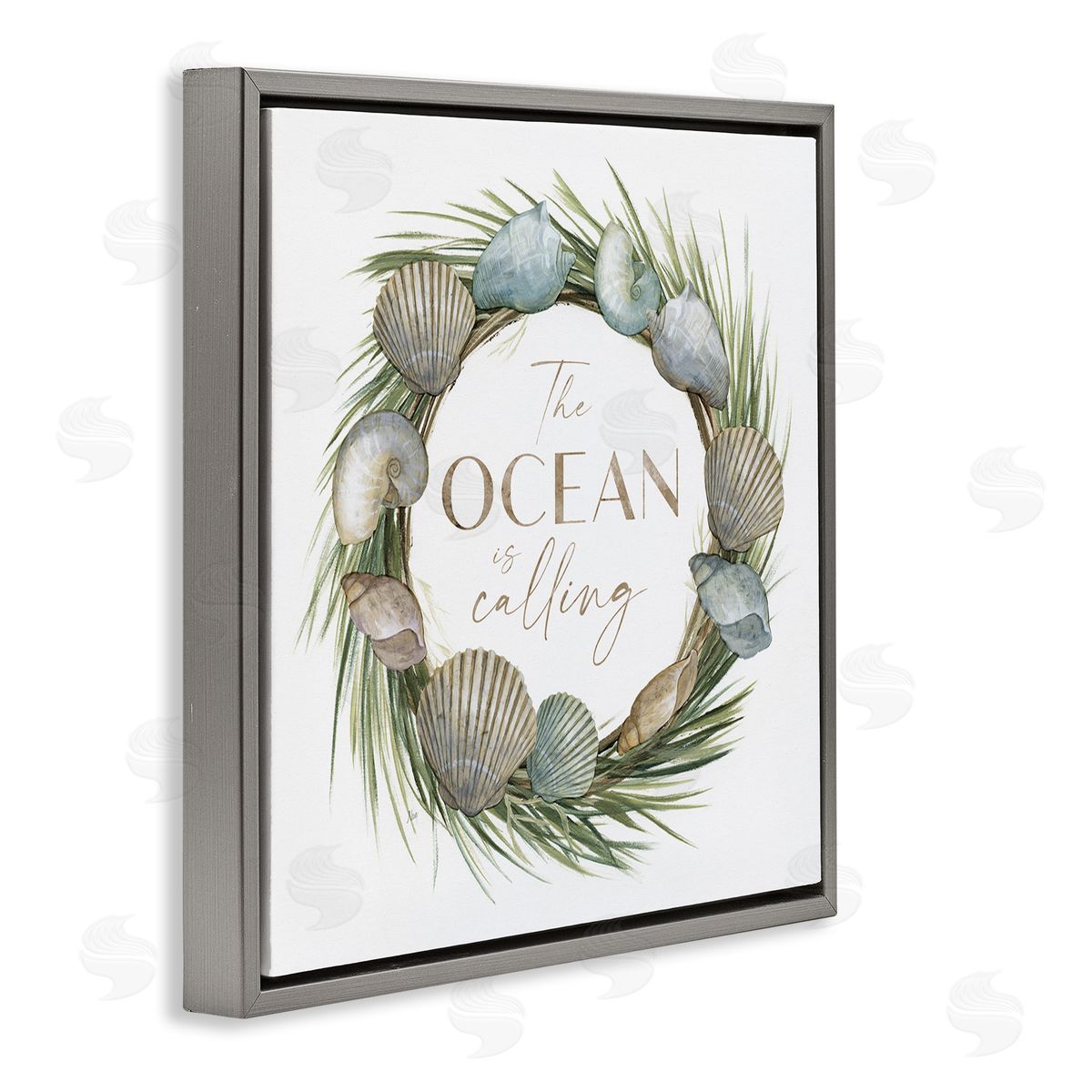 Nan Ocean Is Calling Quote Botanical Wreath Seashells Design Gray Floating Frame Canvas Wall Art Print