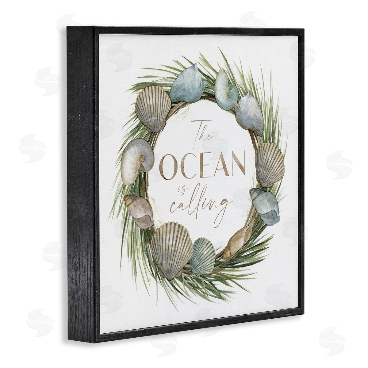 Nan Ocean Is Calling Quote Botanical Wreath Seashells Design Black Framed Glicee Wall Art Print