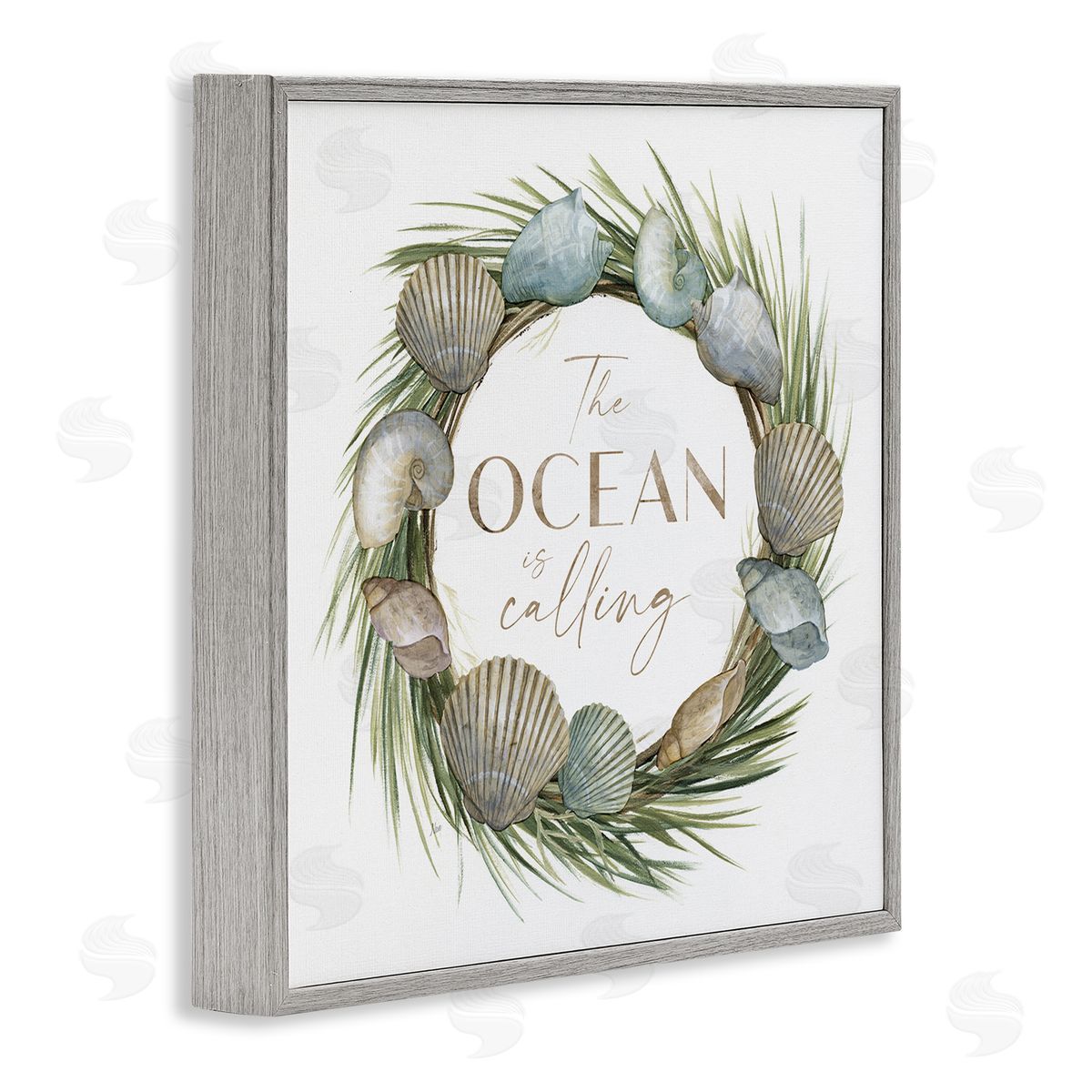 Nan Ocean Is Calling Quote Botanical Wreath Seashells Design Gray Framed Glicee Wall Art Print