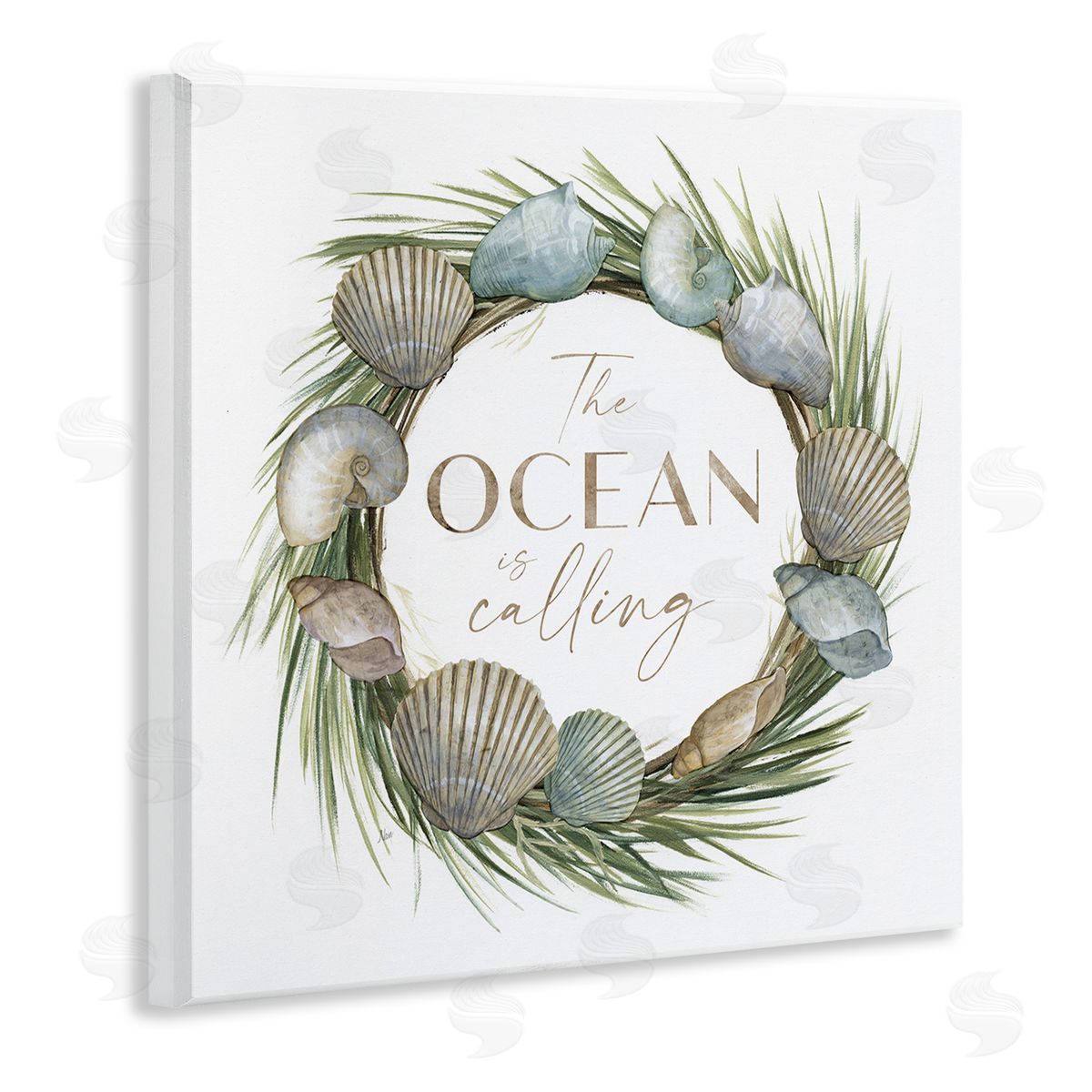 Nan Ocean Is Calling Quote Botanical Wreath Seashells Design Wooden Wall Plaque Art Print