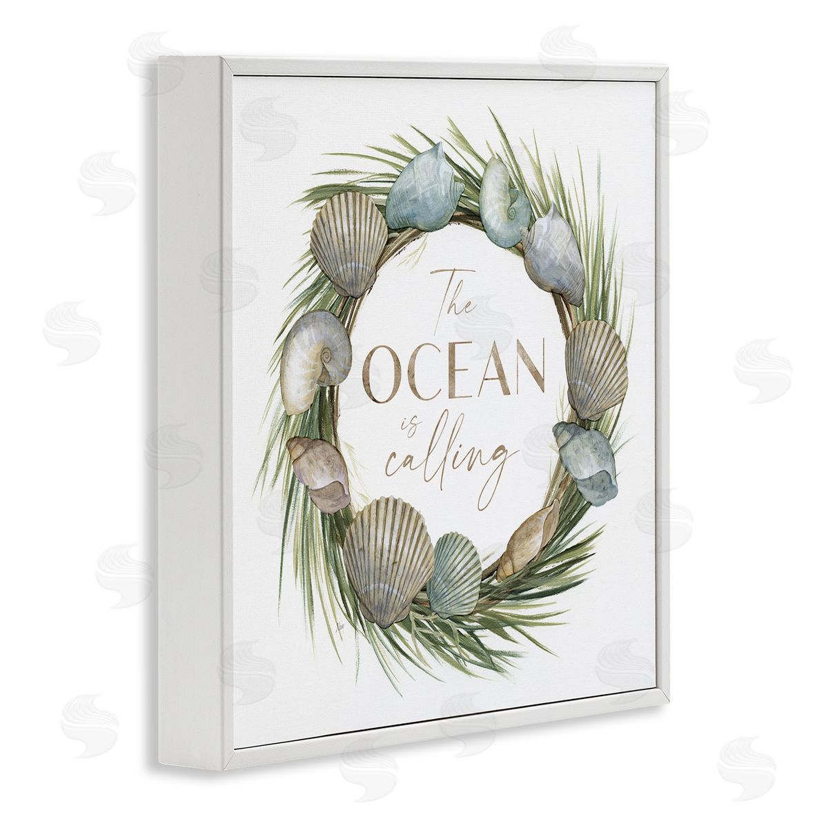 Nan Ocean Is Calling Quote Botanical Wreath Seashells Design White Framed Glicee Wall Art Print
