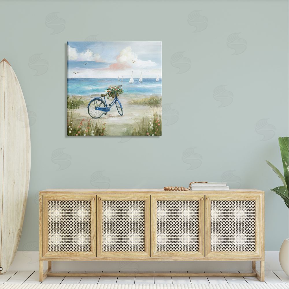 Nan Charming Blue Bicycle Floral Bouquet Distant Beach Sailboats   Canvas Wall Art in Room