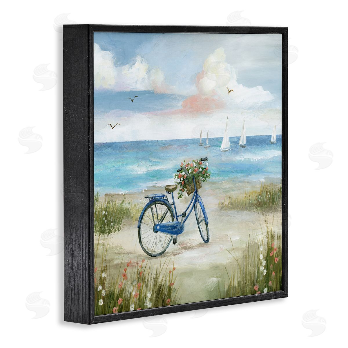 Nan Charming Blue Bicycle Floral Bouquet Distant Beach Sailboats   Black Framed Glicee Wall Art Print