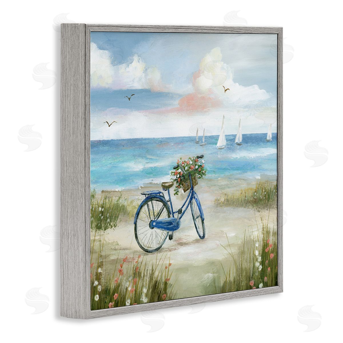 Nan Charming Blue Bicycle Floral Bouquet Distant Beach Sailboats   Gray Framed Glicee Wall Art Print