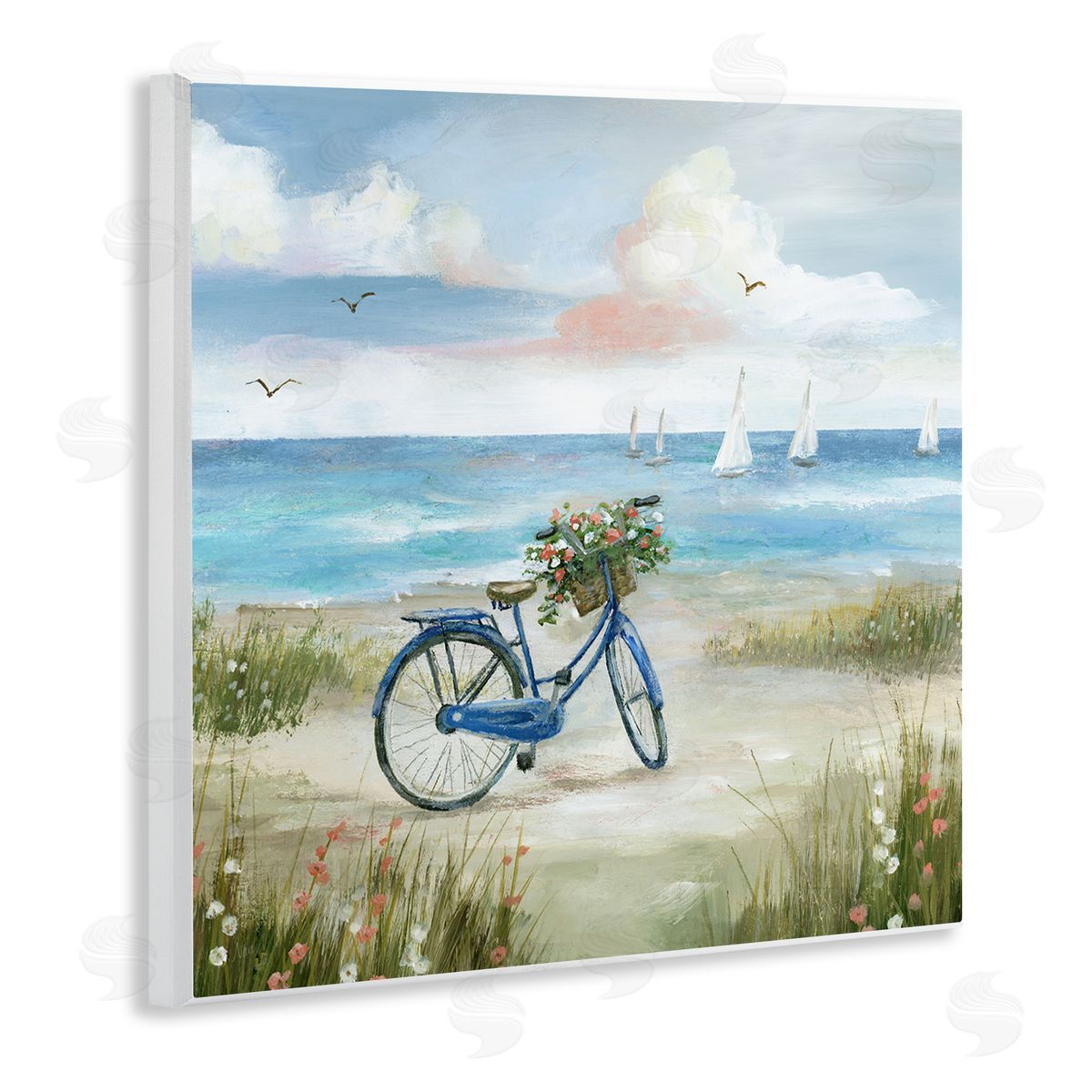 Nan Charming Blue Bicycle Floral Bouquet Distant Beach Sailboats   Wooden Wall Plaque Art Print