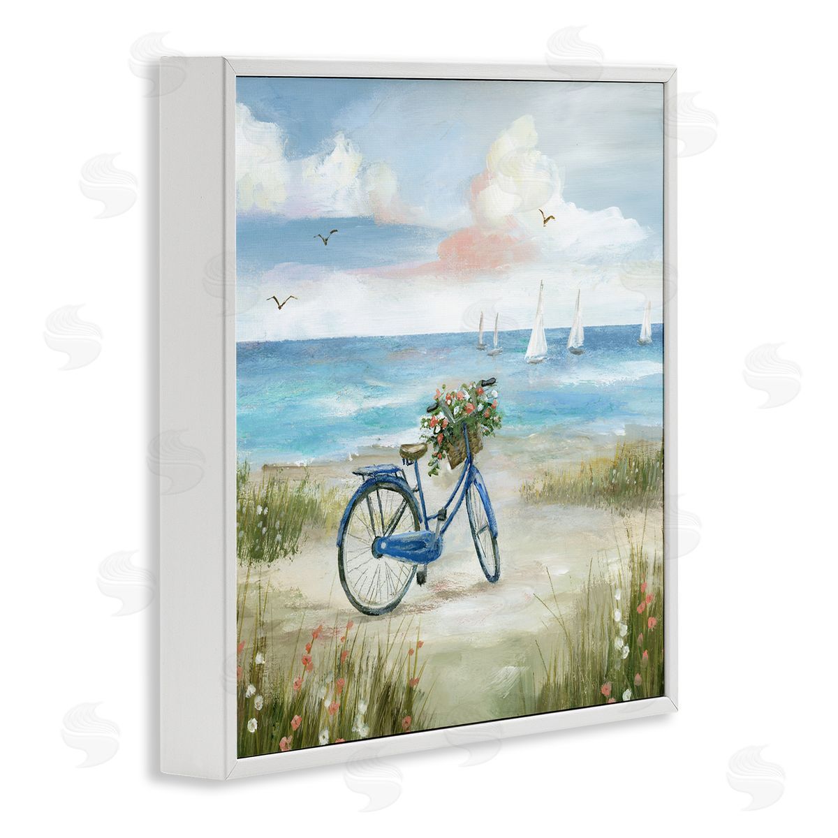 Nan Charming Blue Bicycle Floral Bouquet Distant Beach Sailboats   White Framed Glicee Wall Art Print