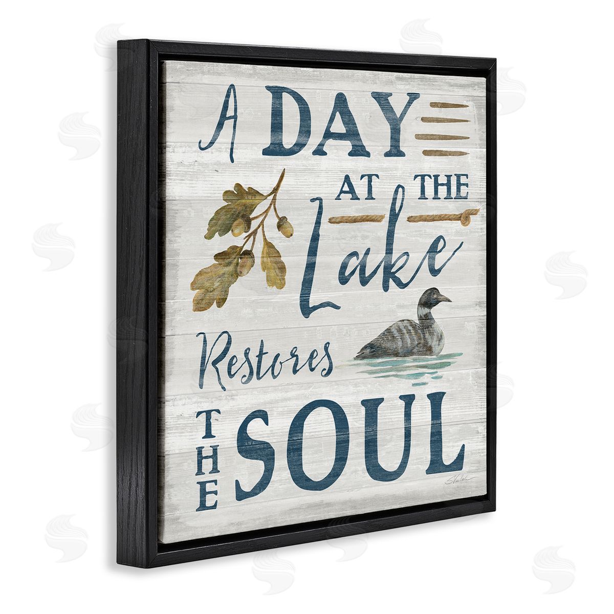 Silvia Vassileva Day At Lake Restores Soul Rustic Quote Grain Pattern  Black Floating Frame Canvas Wall Art Print