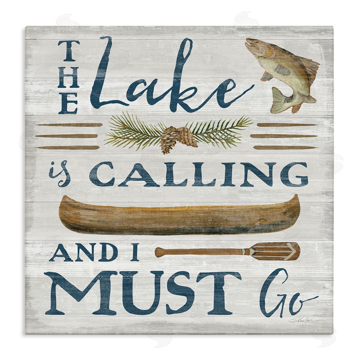 Silvia Vassileva Lake Is Calling Quote Pinecone Botanical Rustic Canoe  Stretched Canvas Wall Art Print