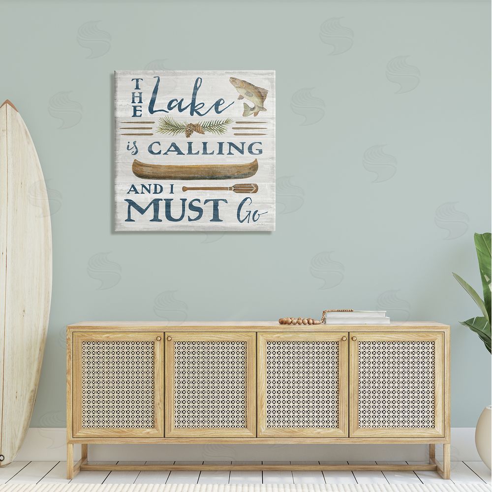 Silvia Vassileva Lake Is Calling Quote Pinecone Botanical Rustic Canoe  Canvas Wall Art in Room