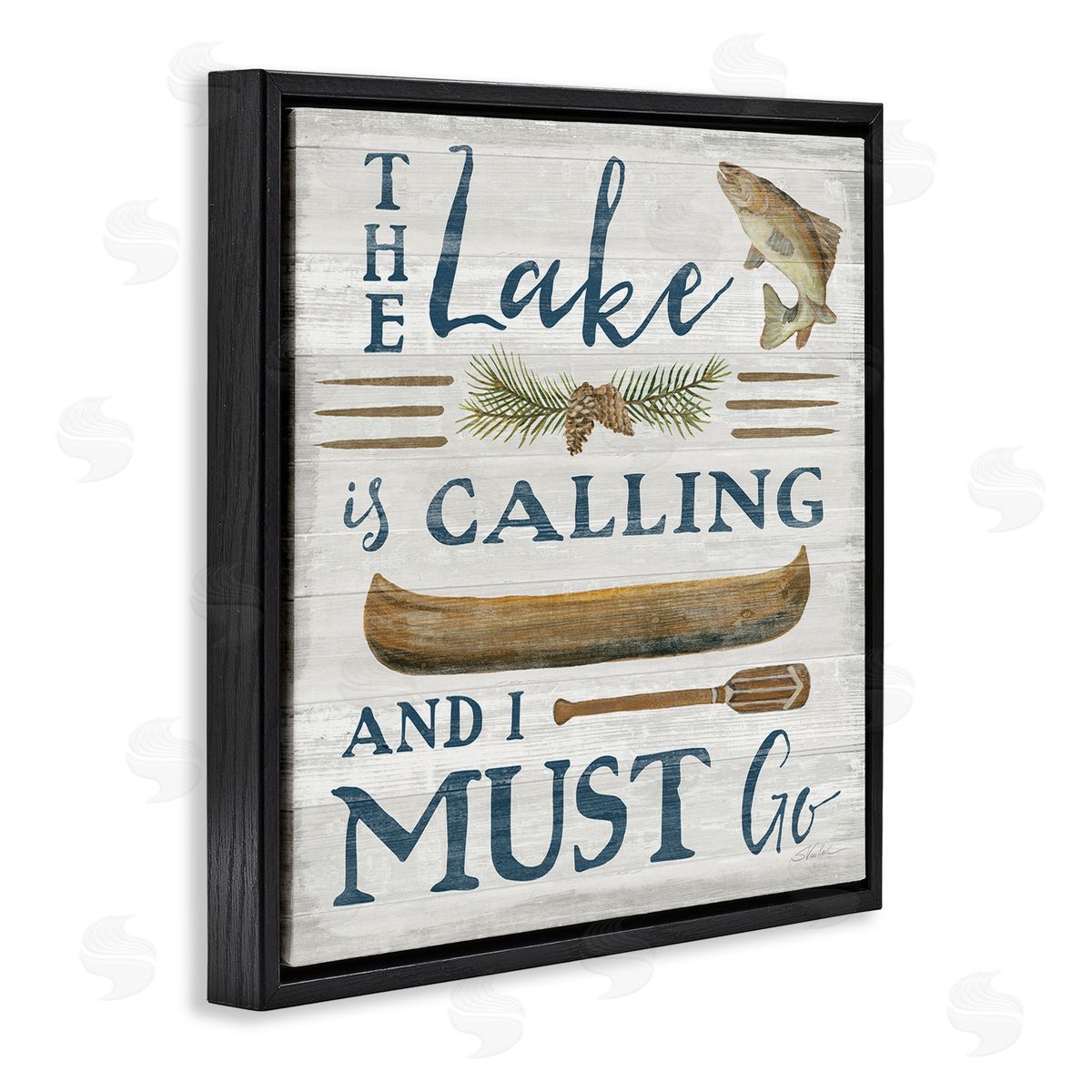 Silvia Vassileva Lake Is Calling Quote Pinecone Botanical Rustic Canoe  Black Floating Frame Canvas Wall Art Print