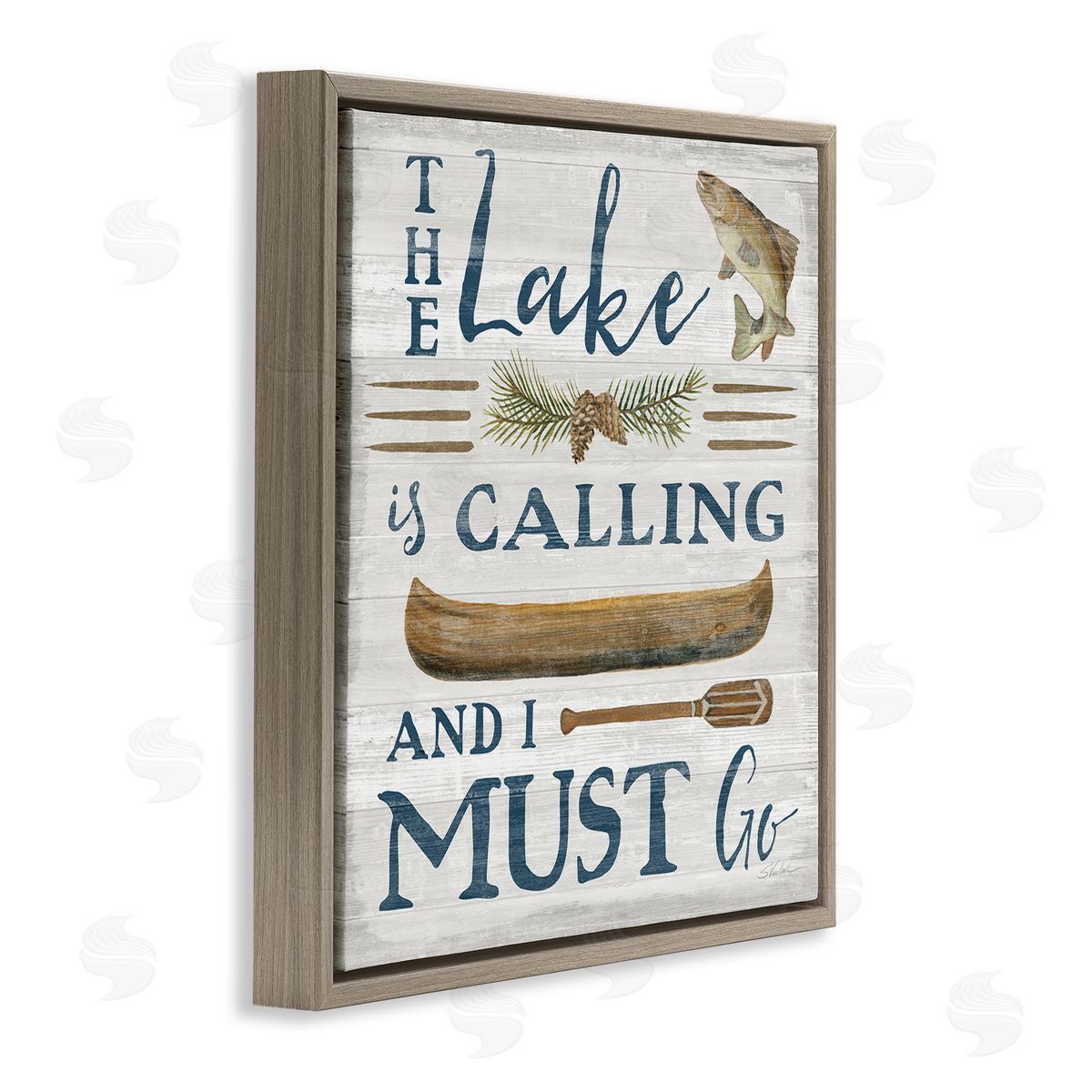Silvia Vassileva Lake Is Calling Quote Pinecone Botanical Rustic Canoe  Brown Floating Frame Canvas Wall Art Print