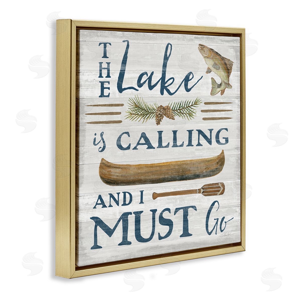 Silvia Vassileva Lake Is Calling Quote Pinecone Botanical Rustic Canoe  Gold Floating Frame Canvas Wall Art Print
