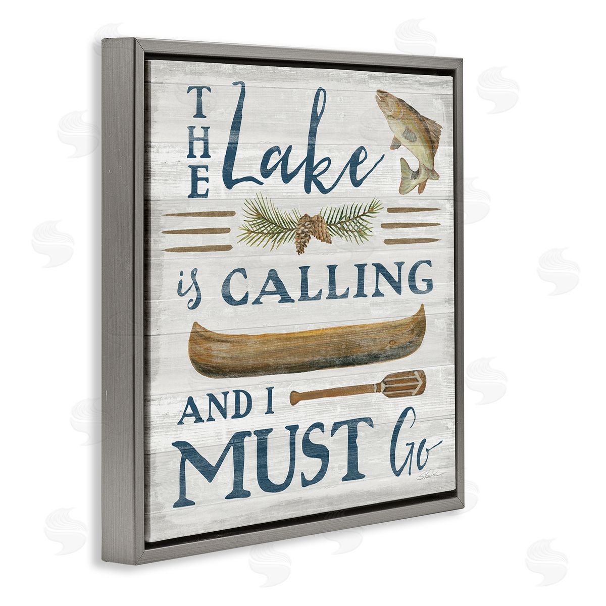Silvia Vassileva Lake Is Calling Quote Pinecone Botanical Rustic Canoe  Gray Floating Frame Canvas Wall Art Print