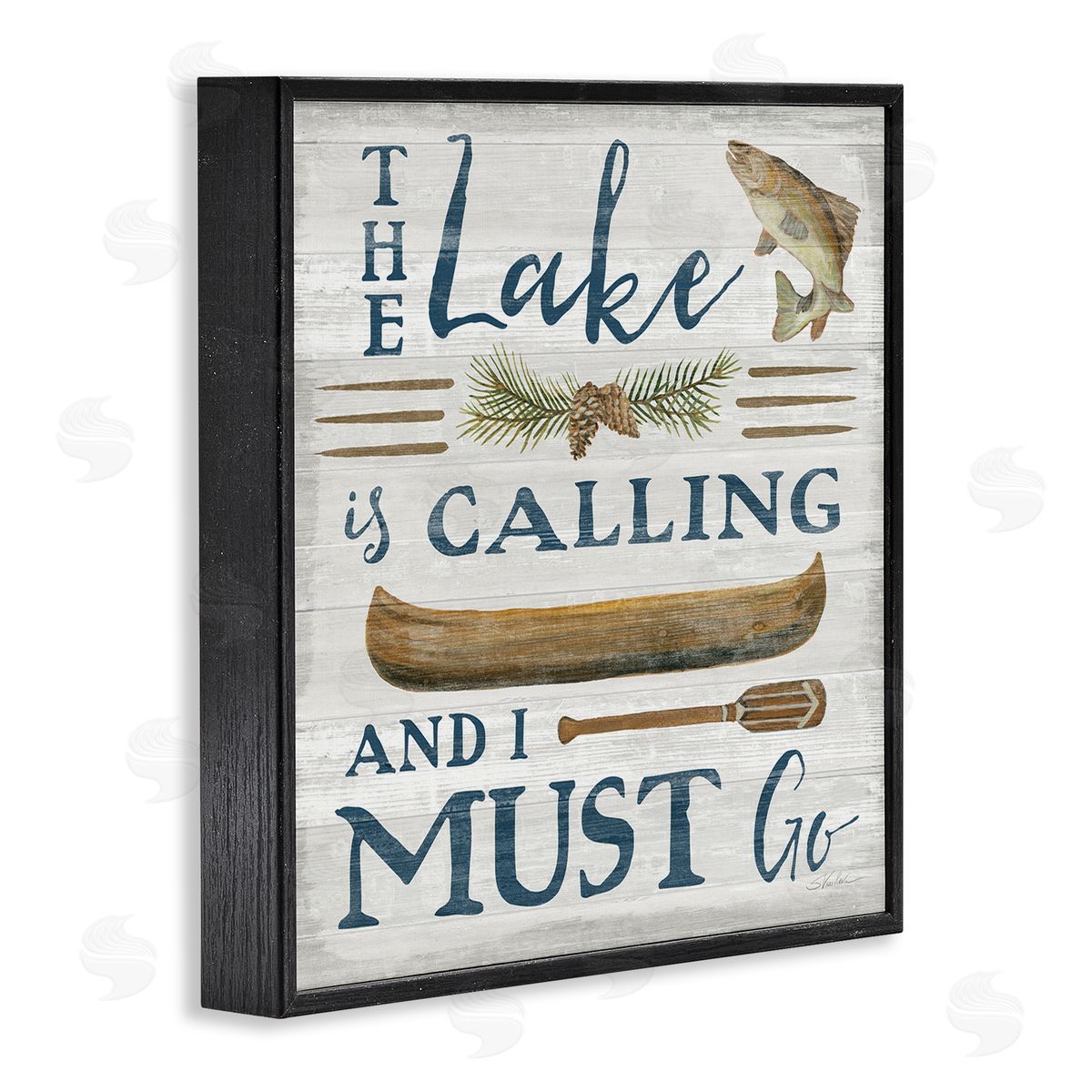 Silvia Vassileva Lake Is Calling Quote Pinecone Botanical Rustic Canoe  Black Framed Glicee Wall Art Print