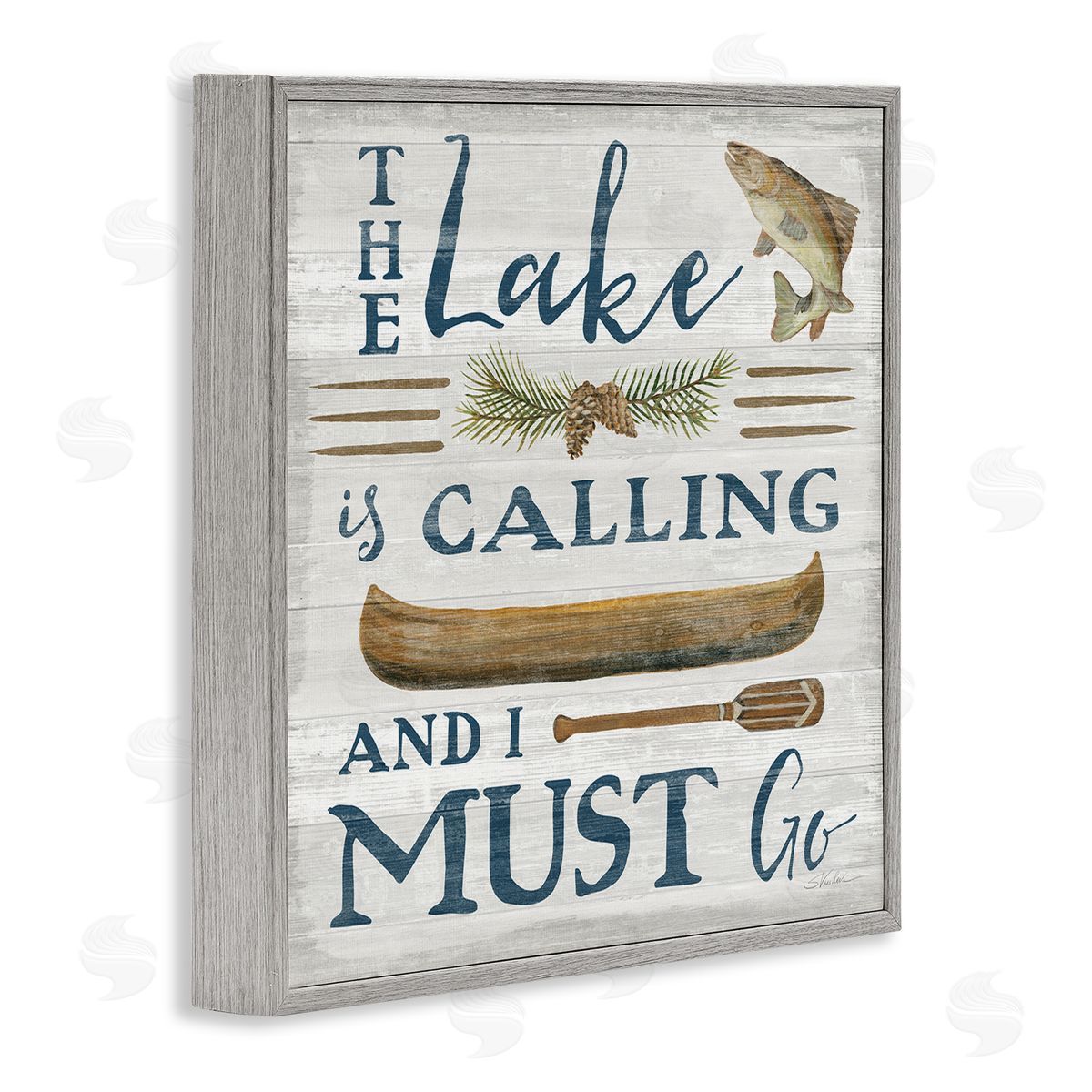 Silvia Vassileva Lake Is Calling Quote Pinecone Botanical Rustic Canoe  Gray Framed Glicee Wall Art Print