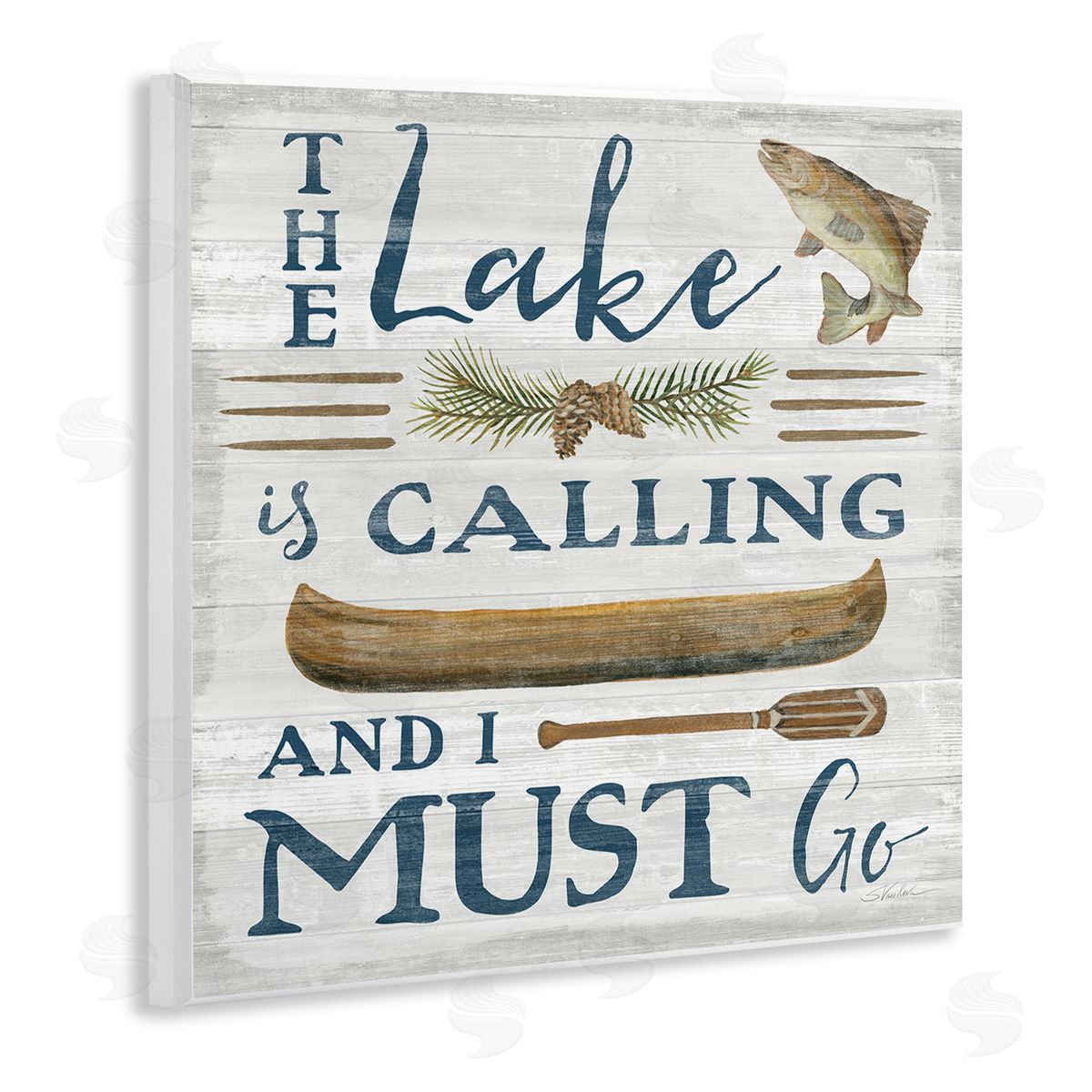 Silvia Vassileva Lake Is Calling Quote Pinecone Botanical Rustic Canoe  Wooden Wall Plaque Art Print