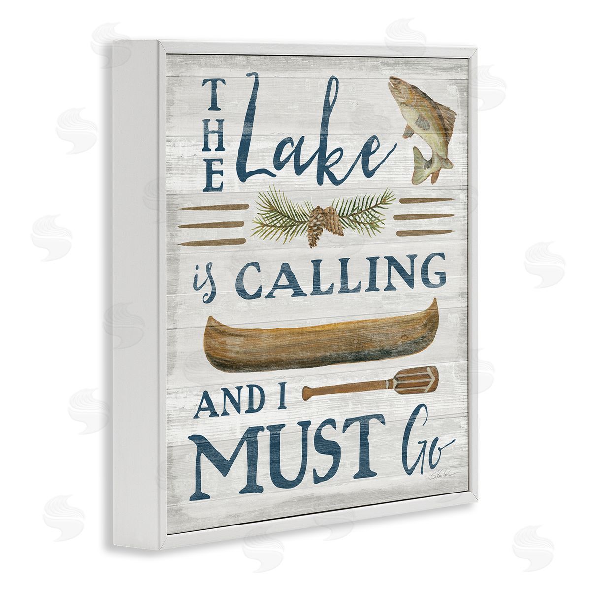 Silvia Vassileva Lake Is Calling Quote Pinecone Botanical Rustic Canoe  White Framed Glicee Wall Art Print