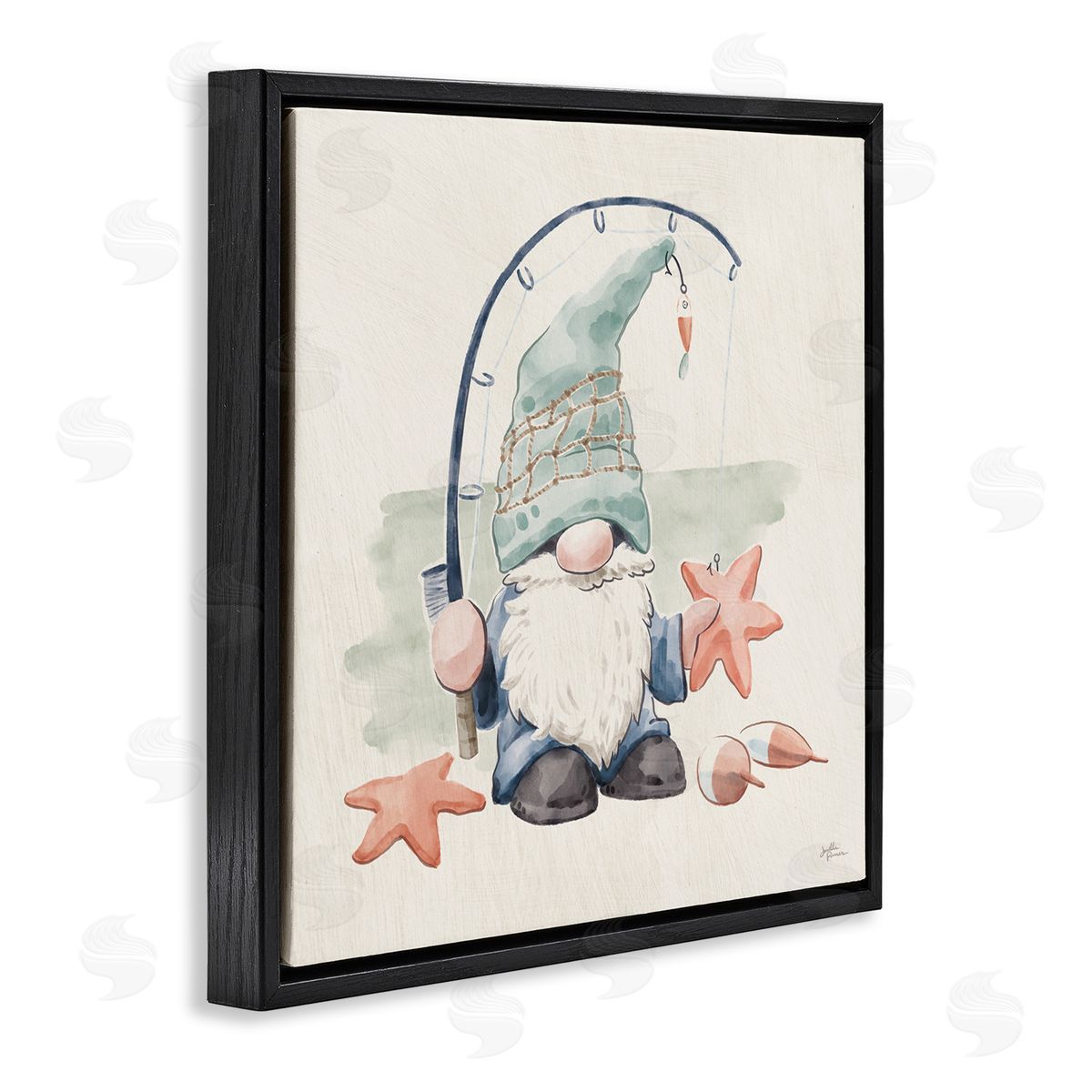Summer Beach Fishing Gnome Black Floating Frame Canvas Wall Art, Home Decor by Janelle Penner