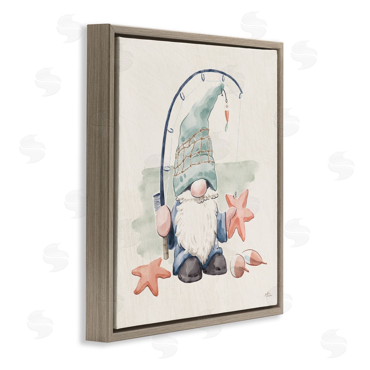 Summer Beach Fishing Gnome Brown Floating Frame Canvas Wall Art, Home Decor by Janelle Penner