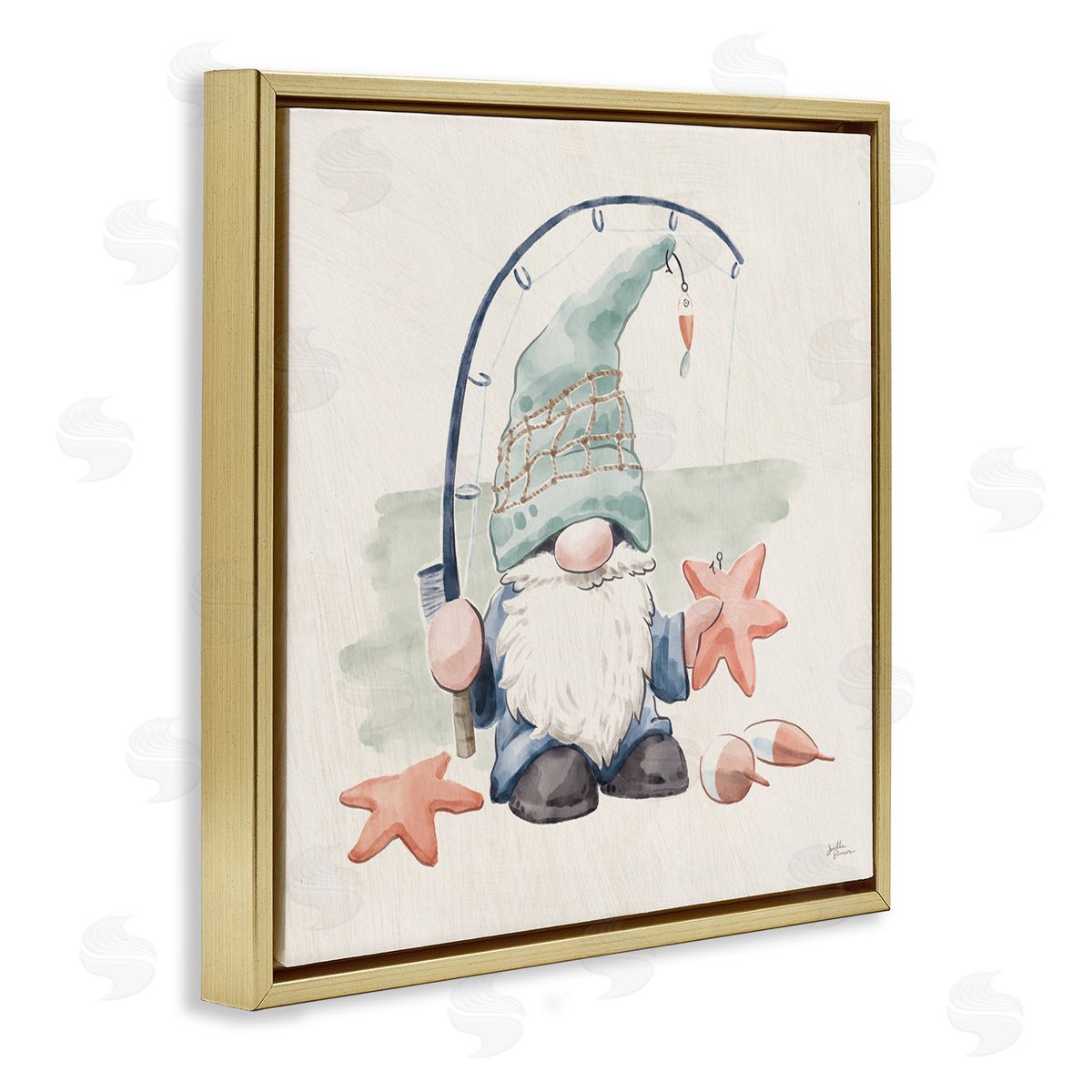 Summer Beach Fishing Gnome Gold Floating Frame Canvas Wall Art, Home Decor by Janelle Penner