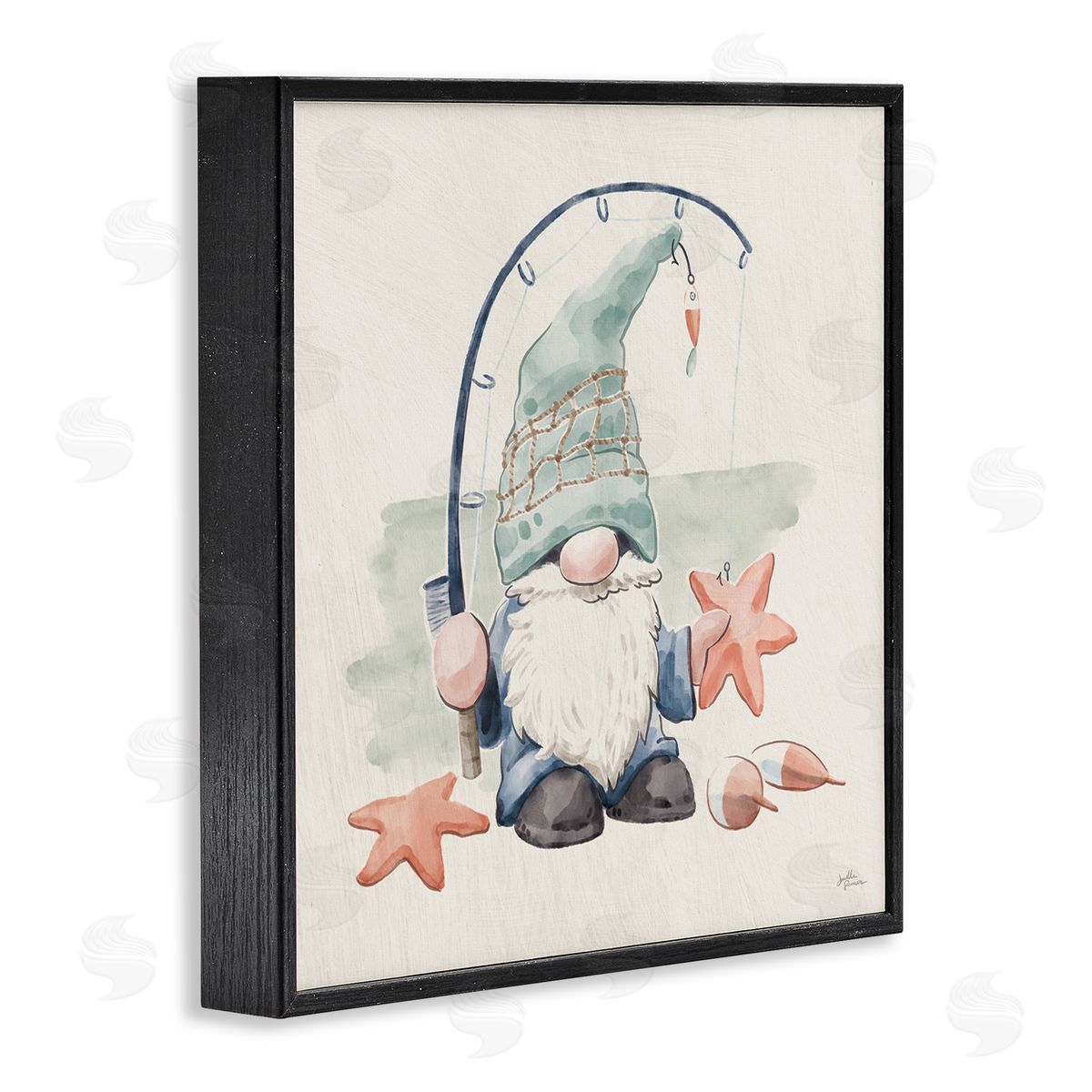 Summer Beach Fishing Gnome Black Frame Print Wall Art, Home Decor by Janelle Penner