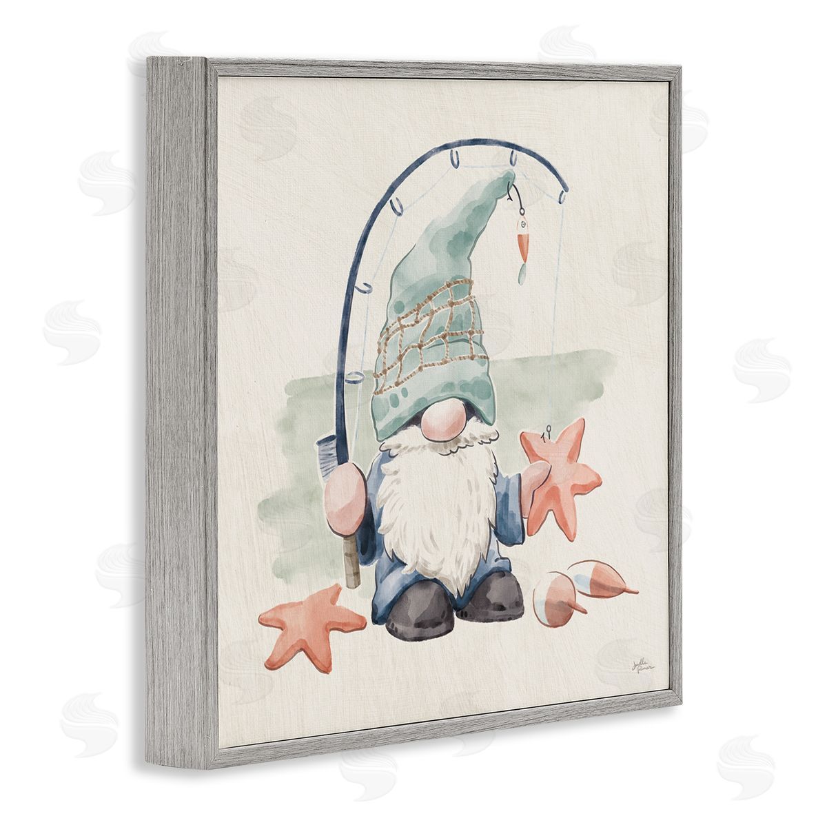 Summer Beach Fishing Gnome Grey Frame Print Wall Art, Home Decor by Janelle Penner