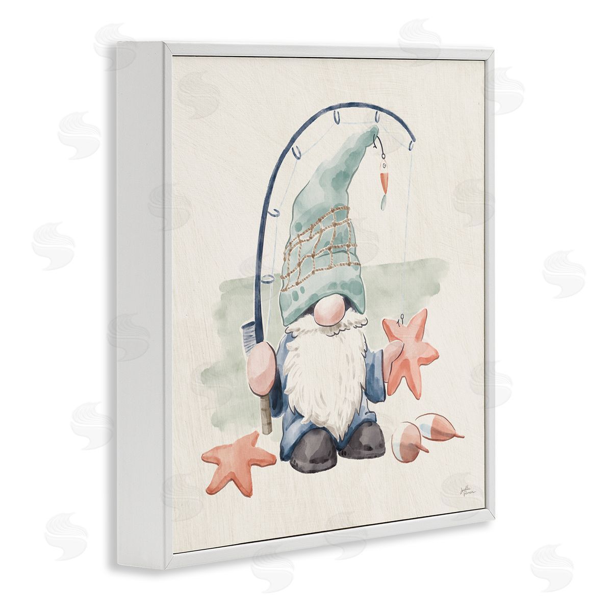 Summer Beach Fishing Gnome White Frame Print Wall Art, Home Decor by Janelle Penner