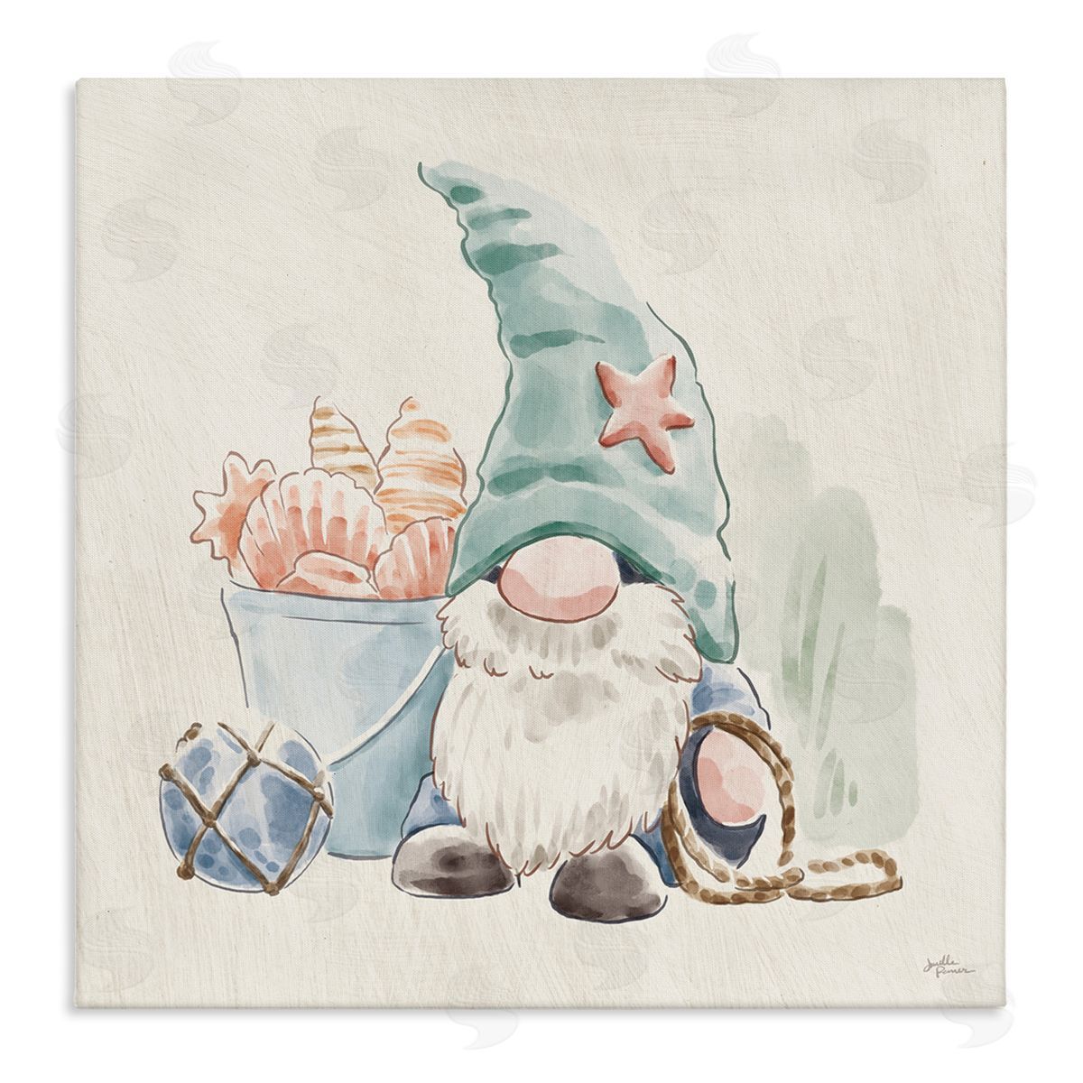 Janelle Penner Fishing Gnome Summertime Starfish Watercolor Illustration Stretched Canvas Wall Art Print