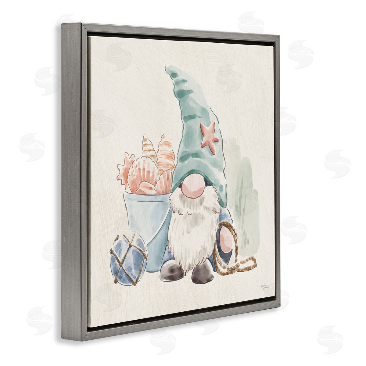 Janelle Penner Fishing Gnome Summertime Starfish Watercolor Illustration Gray Floating Frame Canvas Wall Art Print