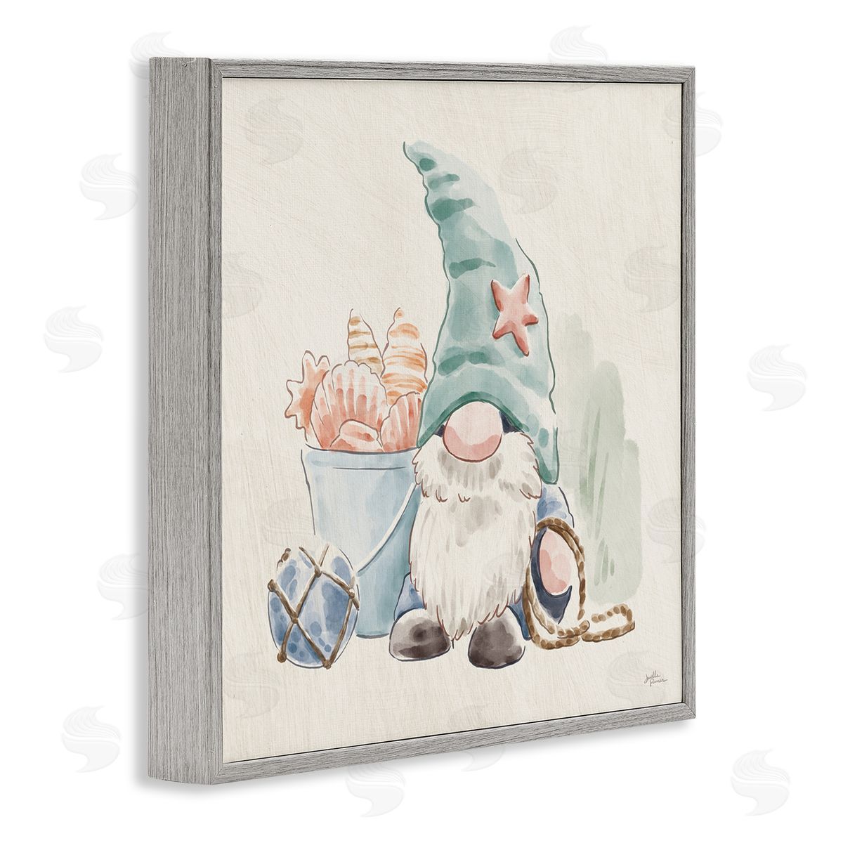 Janelle Penner Fishing Gnome Summertime Starfish Watercolor Illustration Gray Framed Glicee Wall Art Print