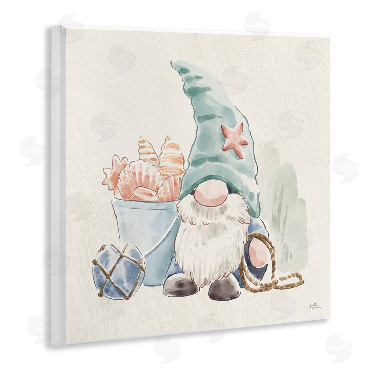 Janelle Penner Fishing Gnome Summertime Starfish Watercolor Illustration Wooden Wall Plaque Art Print