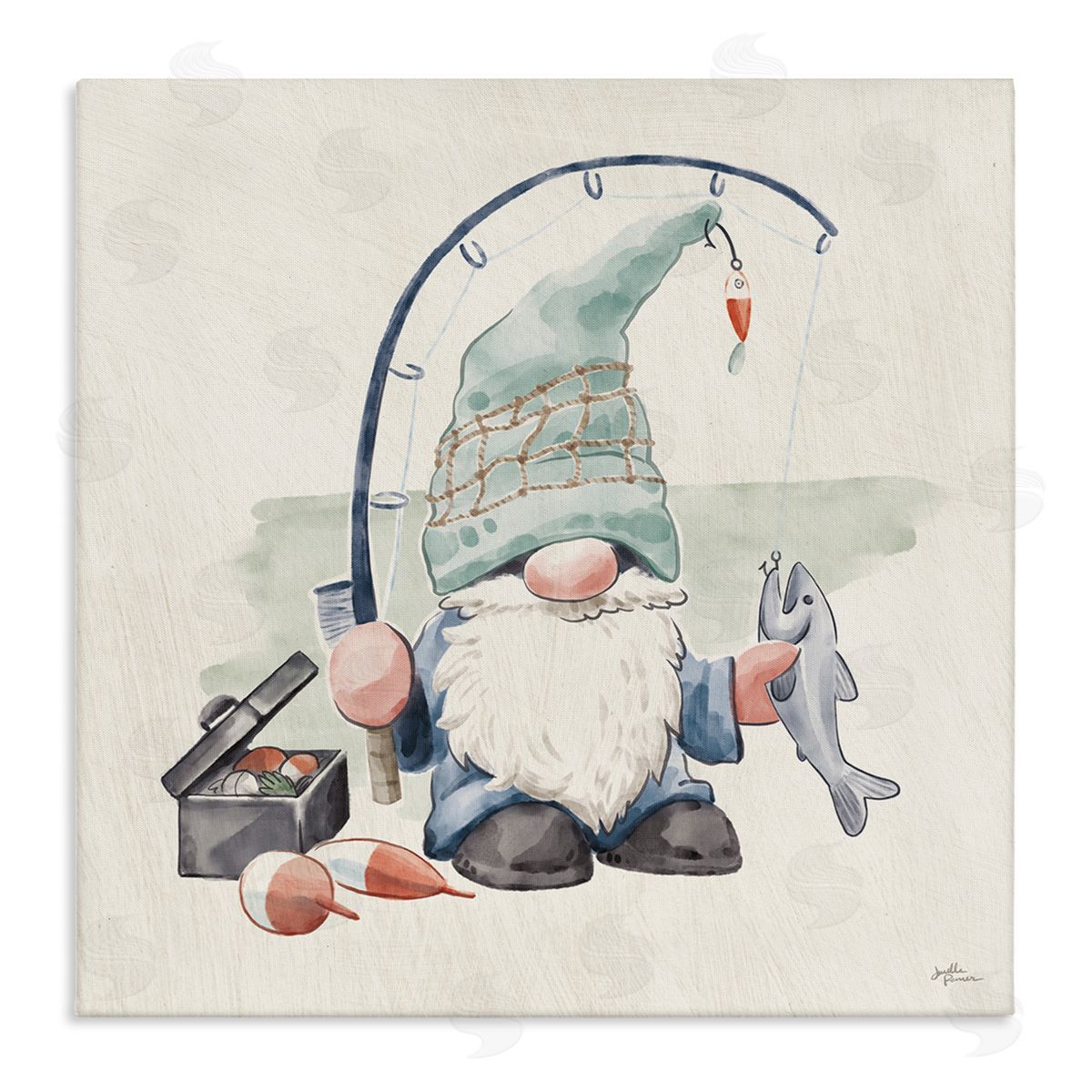 Janelle Penner Gnome Fishing Pole Summer Watercolor Beach Theme Stretched Canvas Wall Art Print