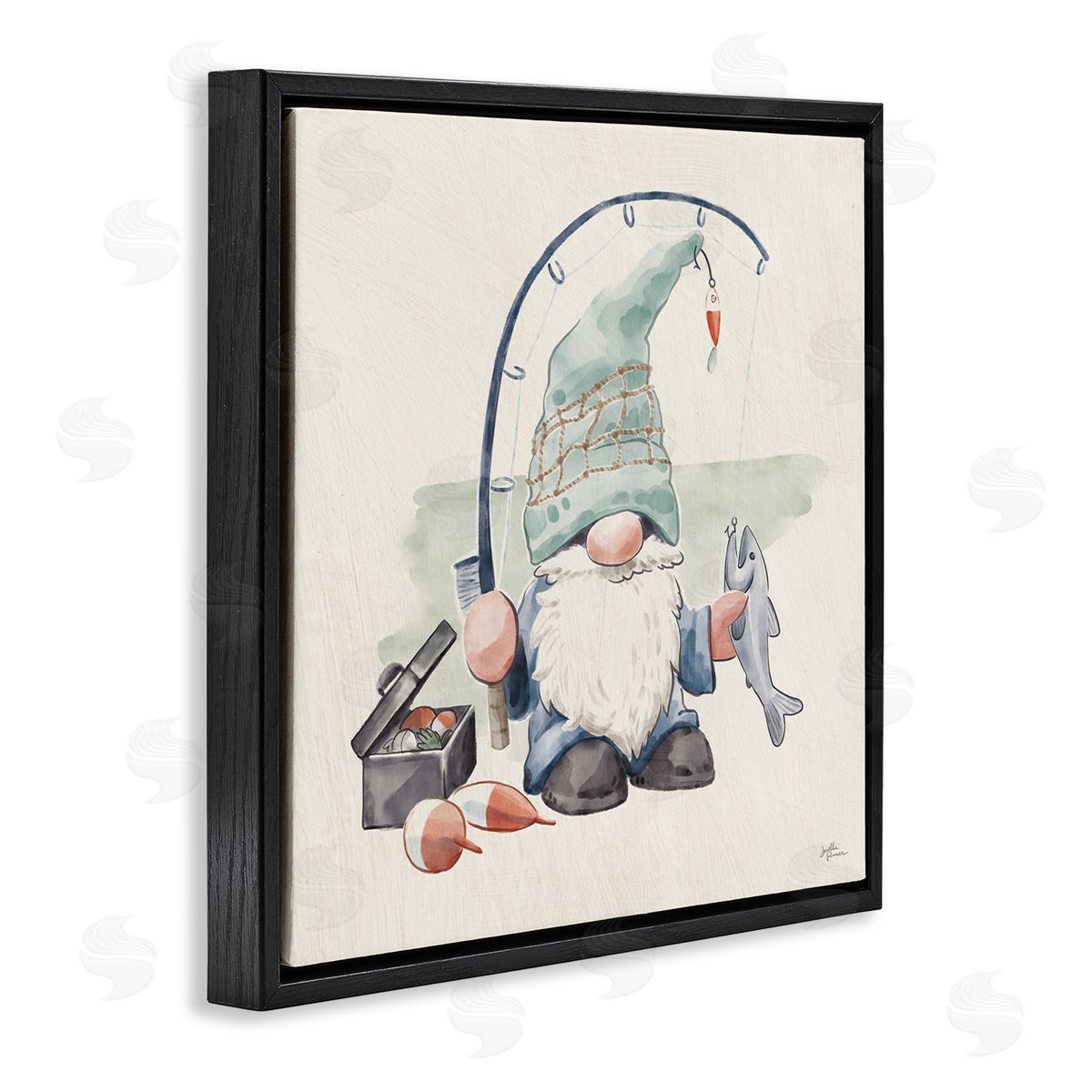 Janelle Penner Gnome Fishing Pole Summer Watercolor Beach Theme Black Floating Frame Canvas Wall Art Print