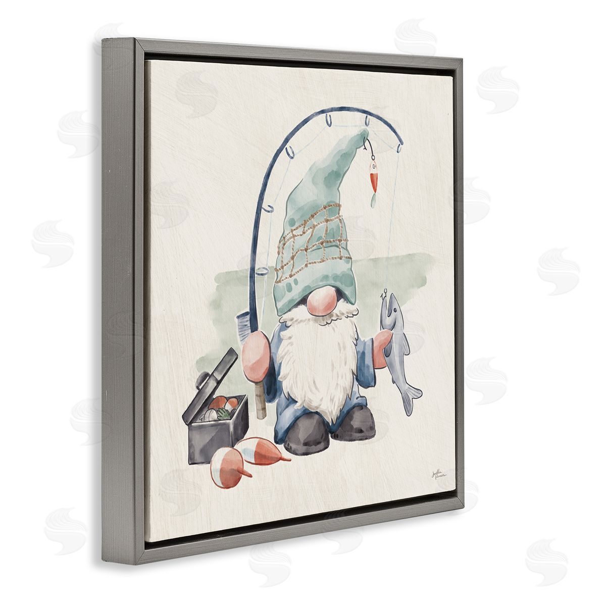 Janelle Penner Gnome Fishing Pole Summer Watercolor Beach Theme Gray Floating Frame Canvas Wall Art Print