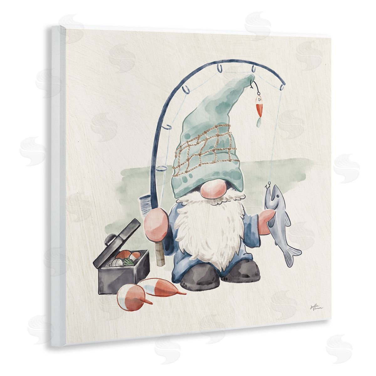 Janelle Penner Gnome Fishing Pole Summer Watercolor Beach Theme Wooden Wall Plaque Art Print