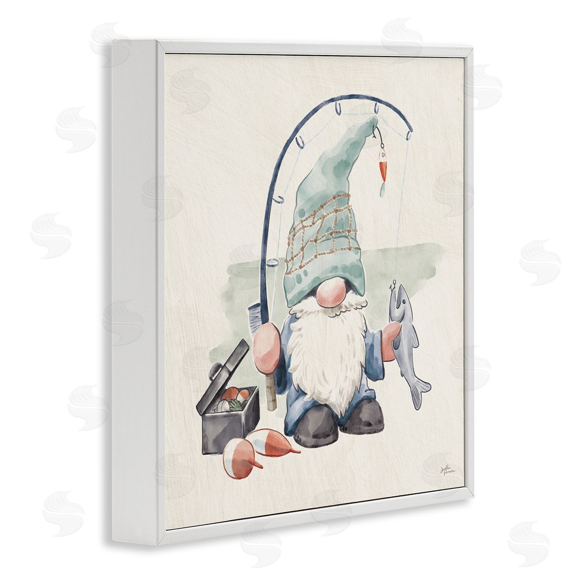Janelle Penner Gnome Fishing Pole Summer Watercolor Beach Theme White Framed Glicee Wall Art Print